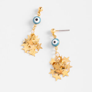 Aretes en baño de oro con dije azul y estrellas colgantes