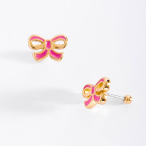 Aretes de botón de lazo rosa con baño de oro