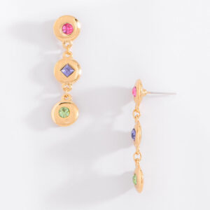 Aretes largos con baño de oro piedras morado rosa verde