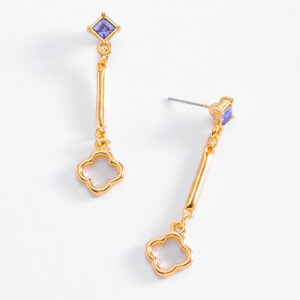 Aretes largos flor oro 18k con piedra morada