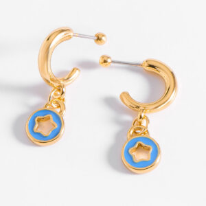 Aretes en oro diseño media luna y colgantes azules