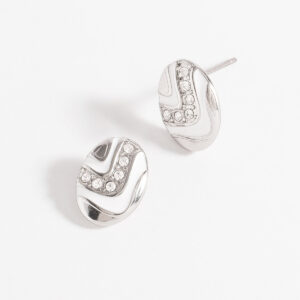 Aretes de botón ovalados con esmalte blanco y cristales