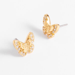 Aretes pequeños de botón con diseño de mariposa y cristales.