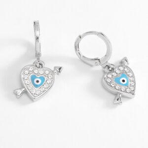 Aretes corazón con ojo turco en esmalte azul y baño de platino
