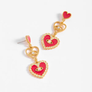 Aretes largos de corazón con baño de oro, esmalte rojo y ojo místico