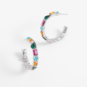 Aretes tipo arracada con cristales multicolor y baño de platino