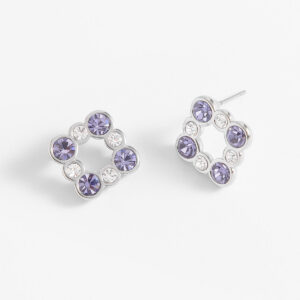 Aretes pequeños de poste con cristales morados y transparentes.