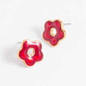 Aretes de botón con diseño floral y esmalte rojo