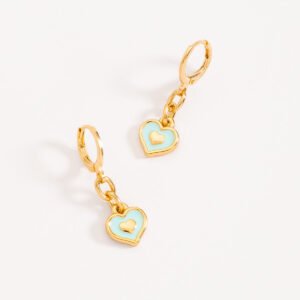 Aretes de patente con corazón esmaltado azul aqua