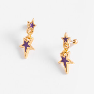 Aretes de doble estrella con baño de oro y esmalte morado