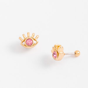 Aretes de poste con diseño de ojo y piedra zirconia rosa.