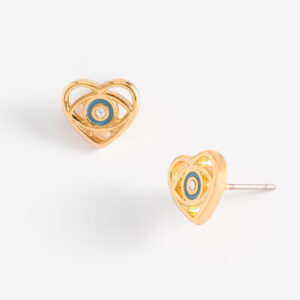 Aretes de poste de corazón con ojo turco y esmalte azul.