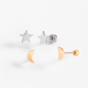Aretes dúo de estrellas y lunas bitono para niña