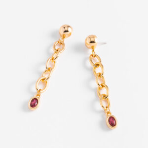 Aretes largos de cadena con baño de oro y piedra rosa