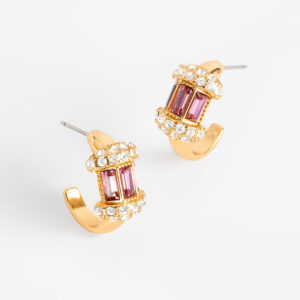 Aretes arracada/huggie con baño de oro, cristales rosas y blancos