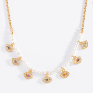 Collar bañado en oro con perlas y piedras multicolor